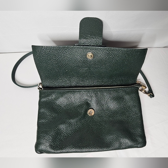 Italian Made Genuine Pebbled Leather Crossbody Purse Dark Green Buckle Flap - Picture 2 of 14